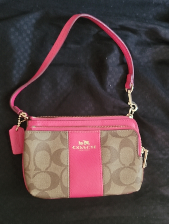 Coach Handbags - Coach Brown Signature Canvas Crossbody with Pink Trim